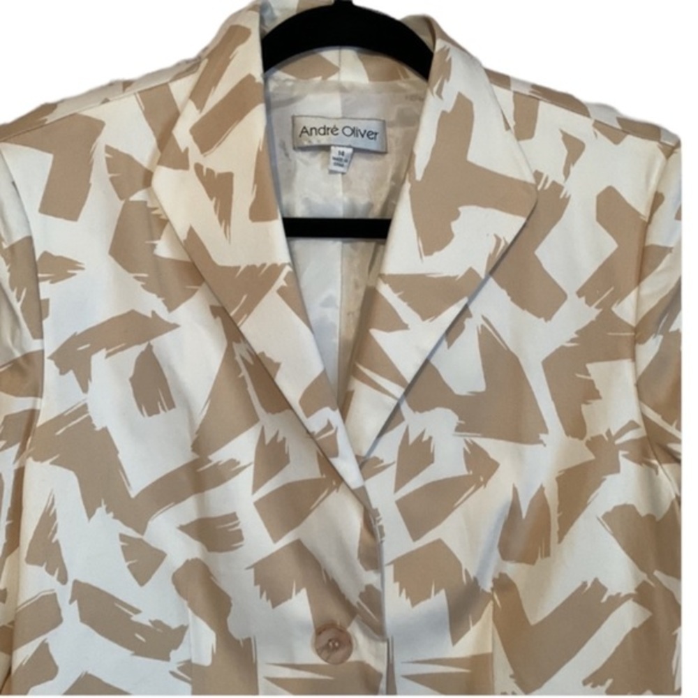 Andre Oliver Blazer Notched Collar Single Button Tan and Cream Print Ladies 14 - Picture 9 of 10